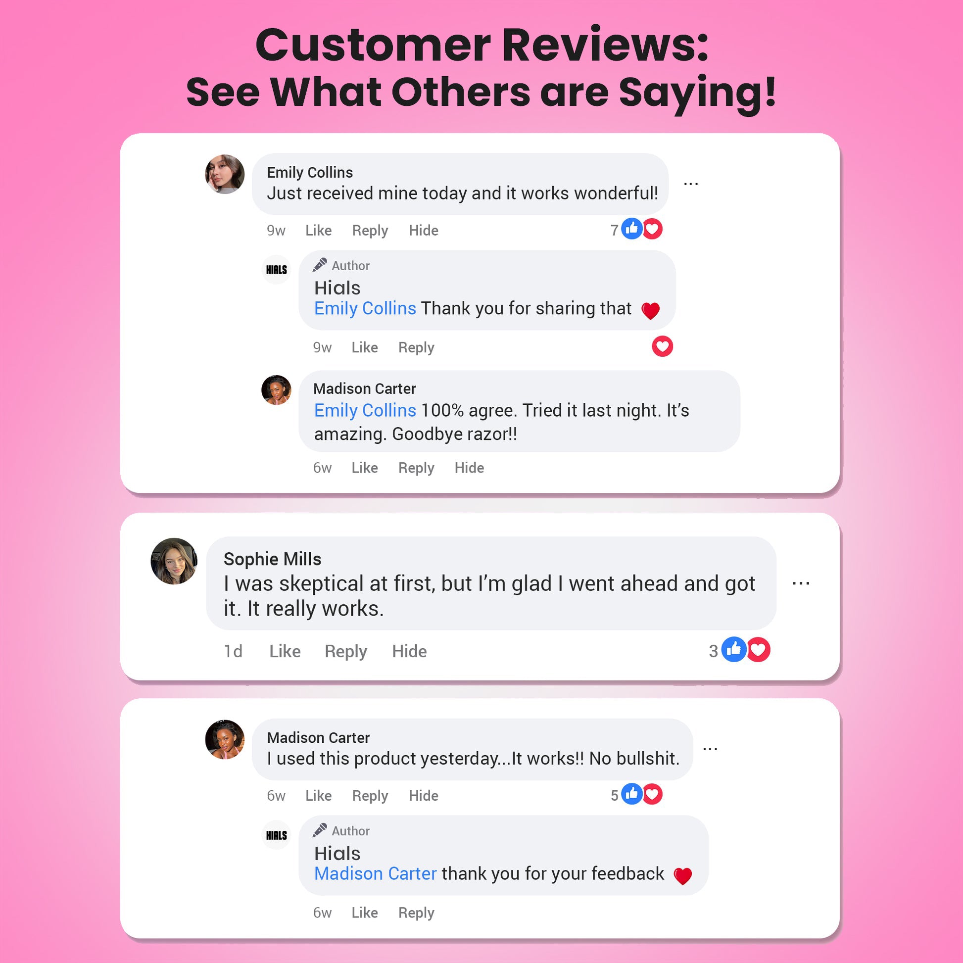 Customer reviews and testimonials for HIALS hair care products showcasing positive feedback from users about effectiveness and satisfaction