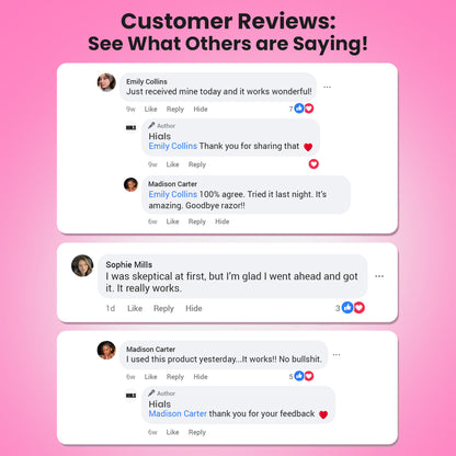 Customer reviews and testimonials for HIALS hair care products showcasing positive feedback from users about effectiveness and satisfaction