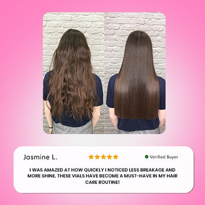 Before and after photo of woman’s hair after using HIALS Hair Growth Serum with glowing 5-star customer review by Jasmine L praising less breakage, increased shine, and must-have hair care routine