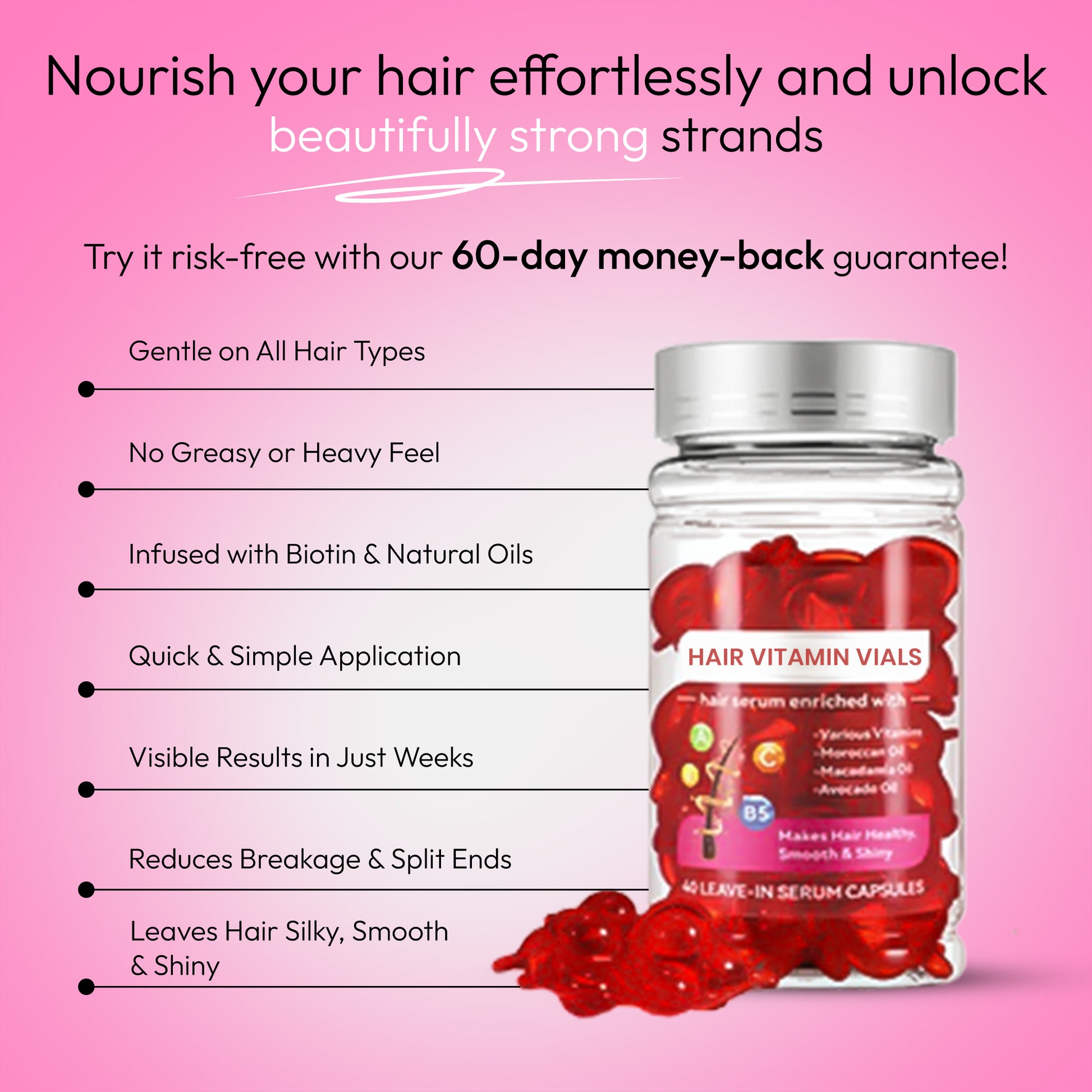 Infographic showing HIALS Hair Vitamin Vials with benefits including gentle on all hair types, pain-free hair removal, enriched with natural oils, quick and simple application, instant visible results, reduces hair regrowth, and leaves skin silky smooth